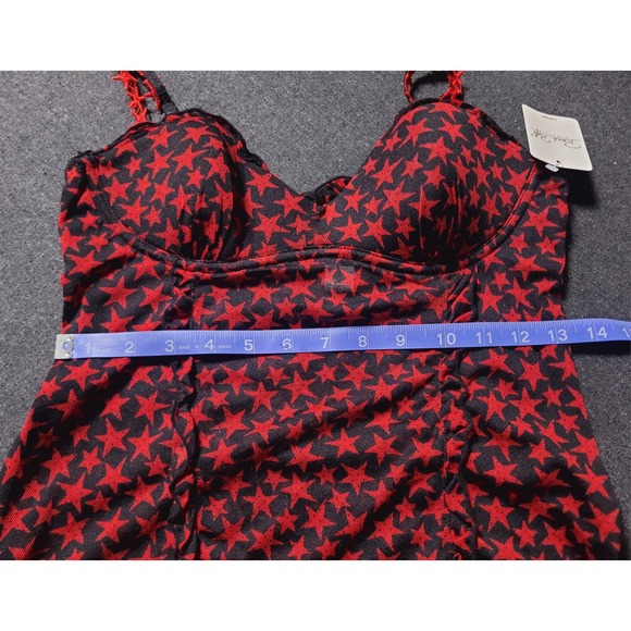 Vintage 90s Y2K Deadstock Black Red Star Bustier Top Panties Set Mesh Alt Goth L - Picture 9 of 11